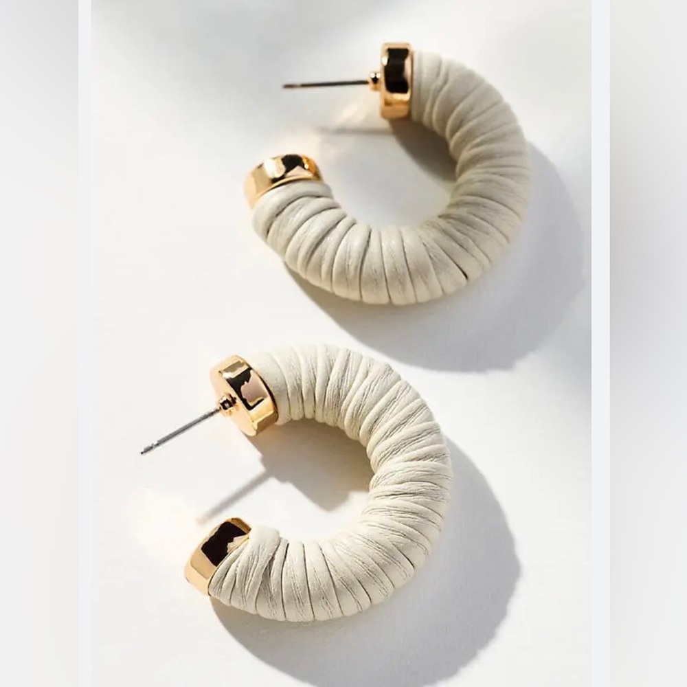 Anthropologie Ivory Wrapped Hoop Earrings with Gold Caps